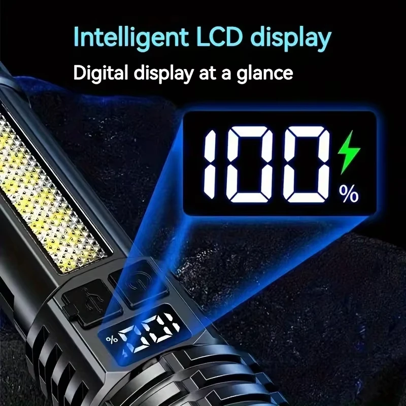 مصباح يدوي LED عالي الطاقة قابل لإعادة الشحن مع ضوء جانبي، طلقة طويلة فائقة السطوع للتخييم في الهواء الطلق والمشي لمسافات طويلة