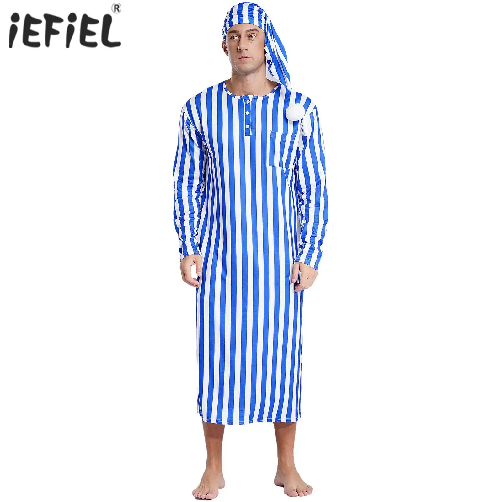 Mens Arabian Muslim Pajamas Adjustable Sleep Hat Robe with Hat Long Sleeve Long Robe And Pompom Cosplay Outfits Sissy Nightwear