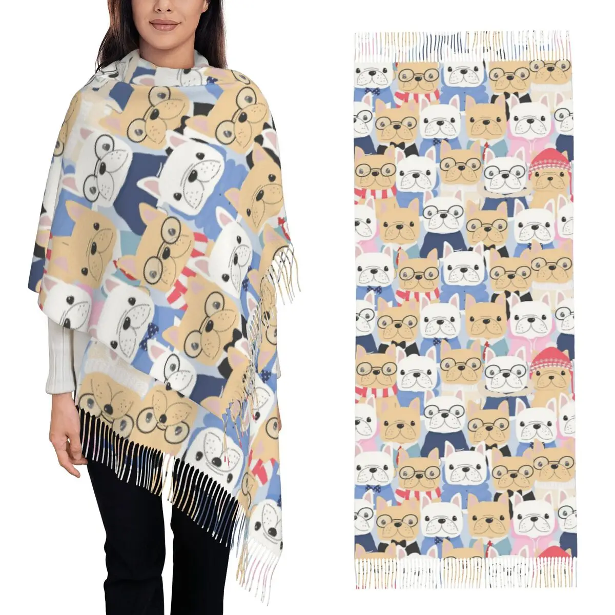 

Французский бульдог Frenchie Dog Lover Шарф Шарфы с кисточками для женщин Мягкие теплые шали и накидки Длинная осенне-зимняя шаль