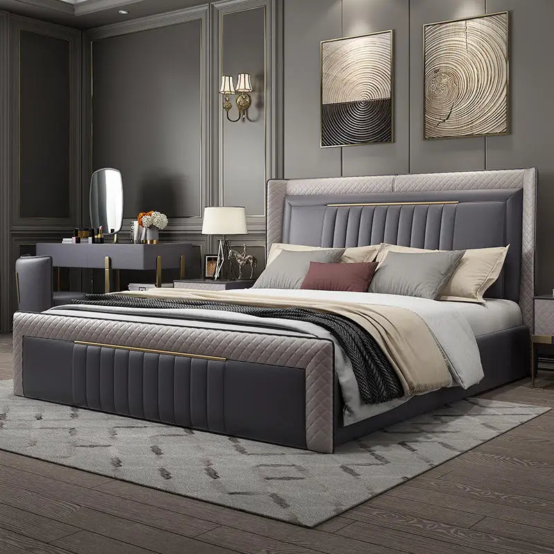 Luxury Modern Wooden Soft Bed with Leather Upholstery Storage Bedroom Set Queen & King Size Eco-Friendly Durable Adjustable