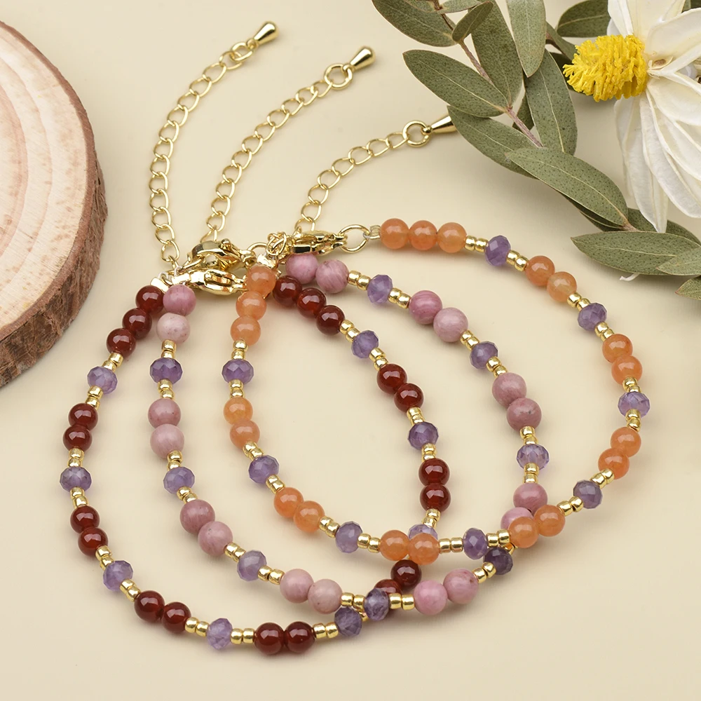 4MM Natural Stone Moonstone Rose Quartz Carnelian Rhodonite and Amethyst Beads Bracelets Wholesale Charm Bracelet For Women