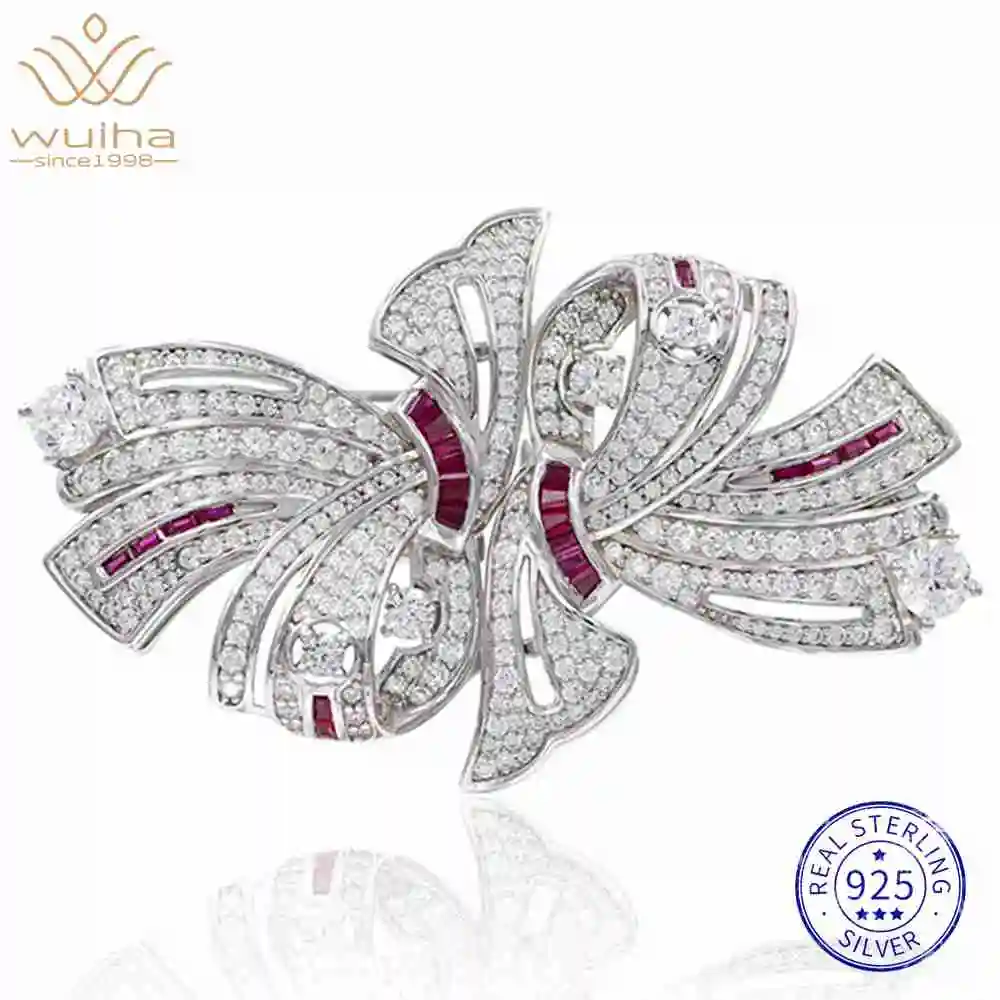 Wuiha 925 Sterling Sliver Ruby High Carbon Diamond Gemstone Brooch Brooches Collar Clip Corsage Cocktail Bowknot Fine Jewelry