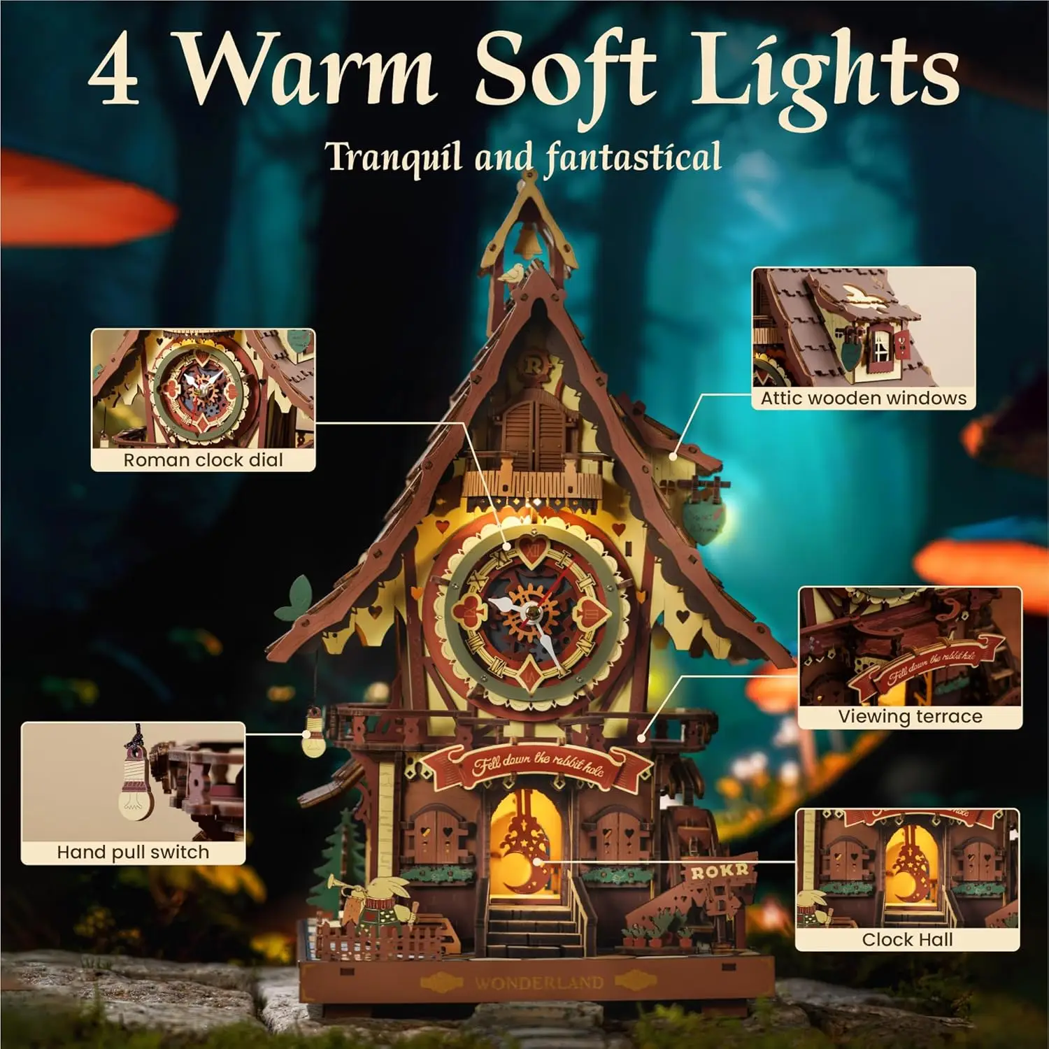 ROKR Cuckoo Clock Mechanical 3D Wooden Puzzles DIY Mechanical Aesthetic Room Decor Unique Gift for Adult