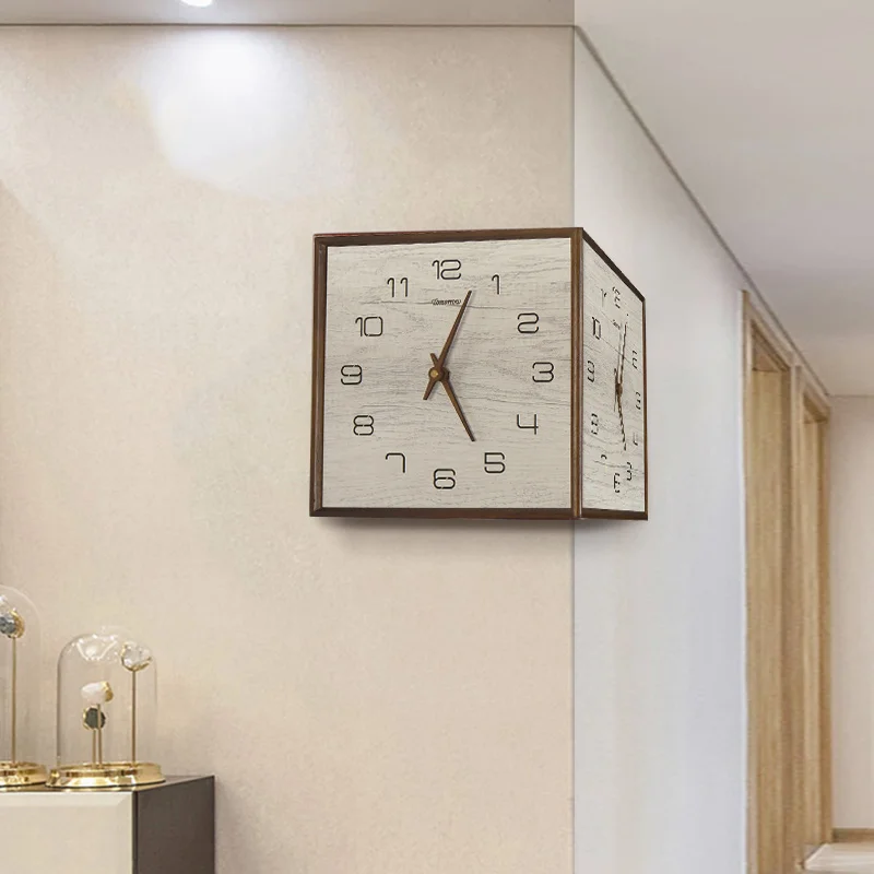 living room, corner clock, household modern, simple, atmospheric, silent, solid wood clock decoration, two sided wall watch