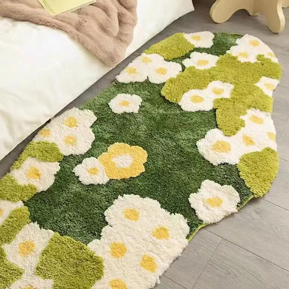 Green Moss Tufted Rug Anti-slip Mat Thick Non-slip Bathroom Rug with Cartoon Flower Print Soft Absorbent Moss Carpet for Shower