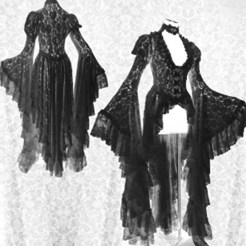 American Retro Gothic Low-Cut Sexy Hollow-Out Flare Sleeve Damen Langes Kleid Neue Taille-Cinching Schwalbenschwanz Spitzenkleider Damen