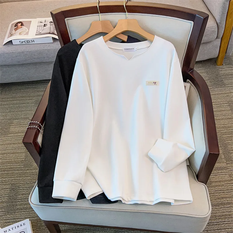 

175Kg Plus Size Women's Bust 170 Autumn Loose Small V-Neck Long Sleeved Sweatshirt Black White 4XL 5XL 6XL 7XL 8XL 9XL