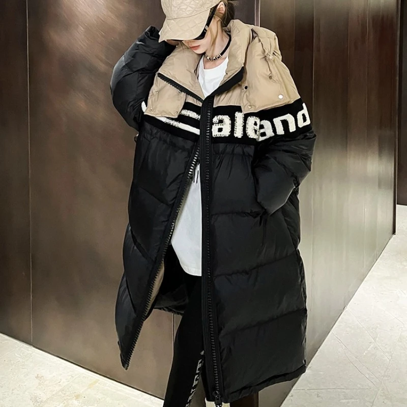 Long Hooded Down Jacket with Stripes for Women, Casual Puffer Coats, Warm Outerwear, Female Fashion, Letter, Patchwork, Winter