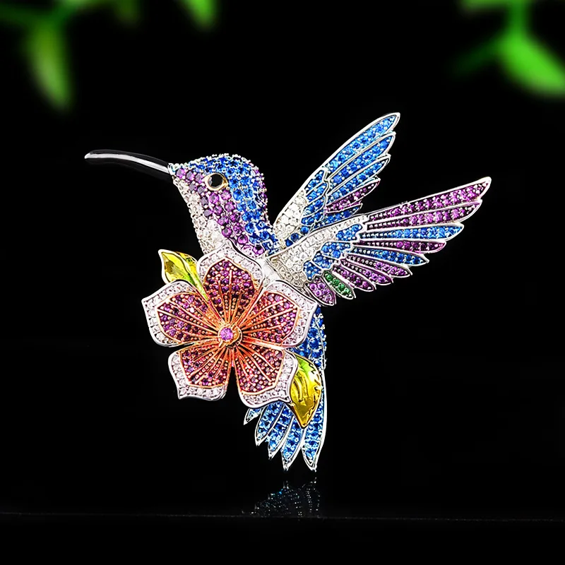 Exquisite Micro-inlaid Zircon Enamel Hummingbird Flower Brooch for Women and Men Retro Jewelry Dress Suit Accessories Pins