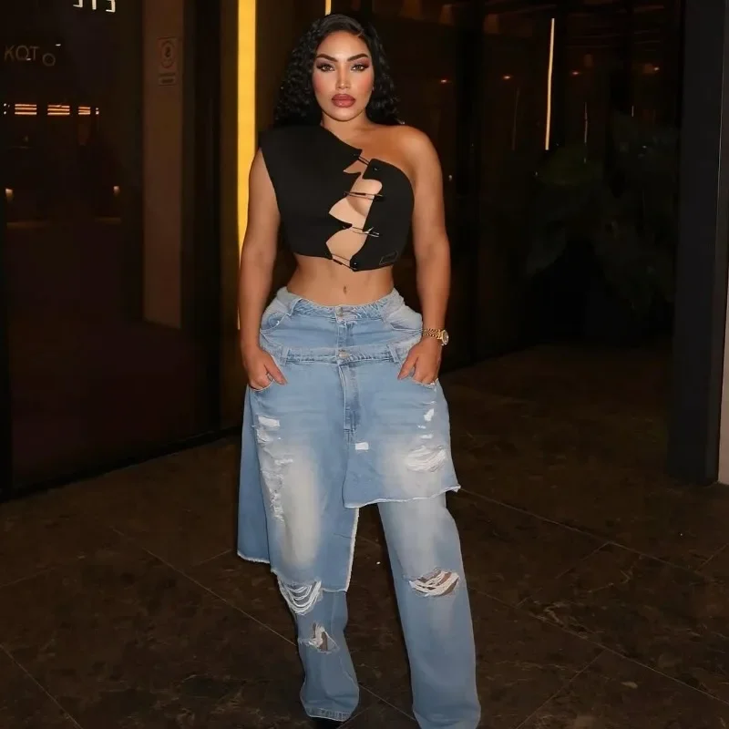 Holes Denim Apron Straight Pants Button Fly High Waist Irregular Skirt Layered Loose Jeans Trousers Women Fashion Streetwear