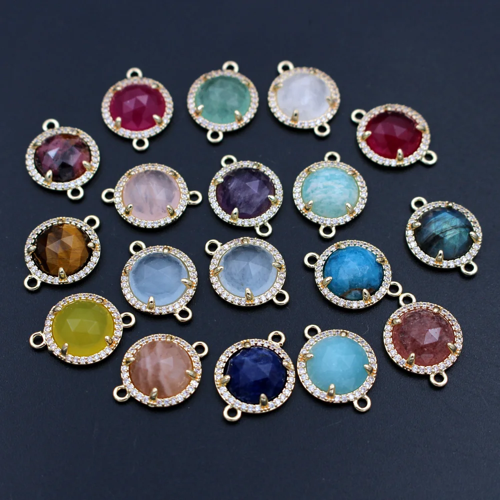 10pcs Trendy Circle Faceted Natural Stone Double Hole Connectors Charms CZ Paved Pendant for DIY Earrings Bracelet Jewelry