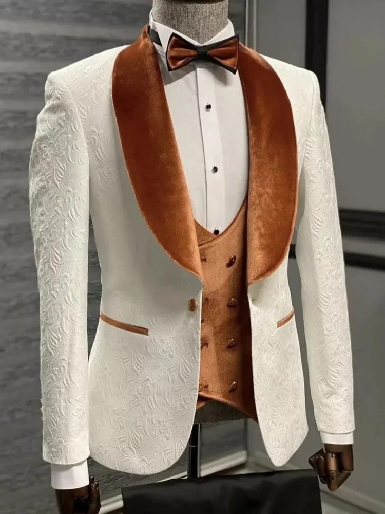 Floral Jacquard Men Suits Slim Fit For Wedding With Velvet Shawl 3 Pcs Groom Tuxedos Male Fashion Blazer With Pants Vest 2024