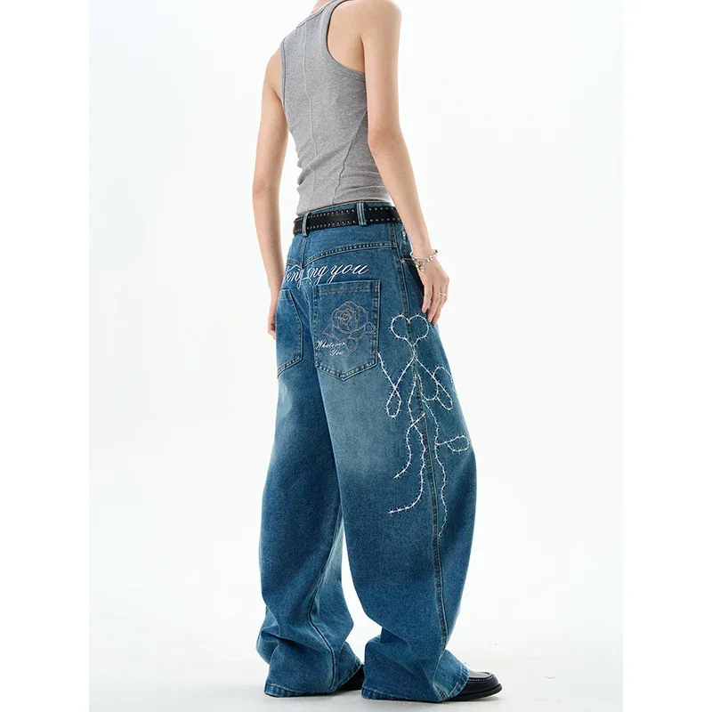 المرأة خمر الأزرق التطريز فضفاض الجينز الأمريكية الرجعية Harajuku 90s Y2k طباعة سراويل جينز اليابانية 2000s 90s السراويل