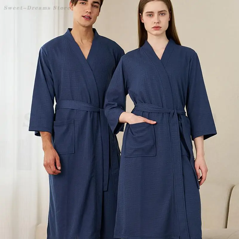 

Вафельная одежда для сна для пары, однотонный простой халат, кимоно, мужское и женское свободное повседневное домашнее белье, интимное белье