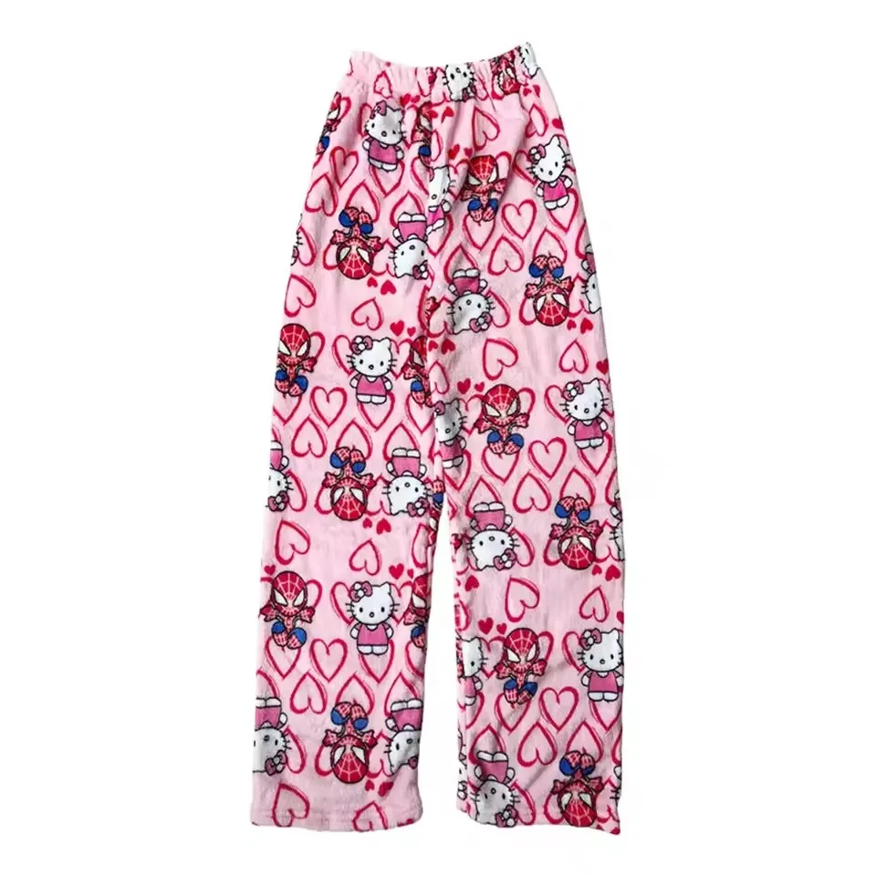 Pijamas sueltos de terciopelo de algodón, pijamas de Hello Kitty Spider-Man, pantalones largos, ropa informal para dormir con dibujos animados para hombres y mujeres, Halloween