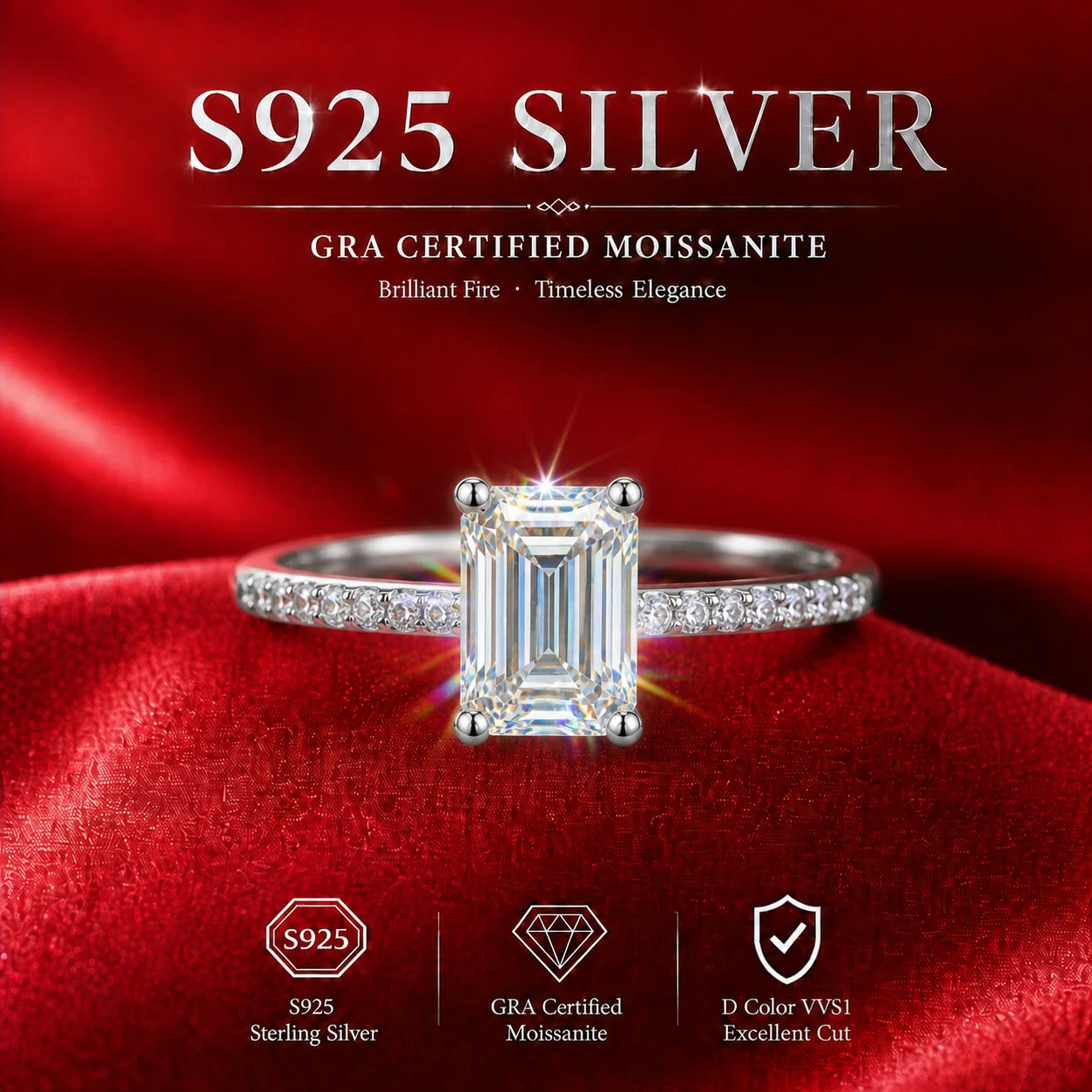 Adjustable 18K Gold Emerald Ring with Moissanite Gemstone S925 Sterling Silver Diamond Tester Approved Women's Sparkling Ring view 4