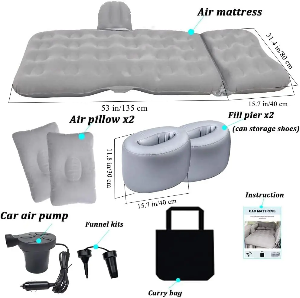 مرتبة سفر قابلة للنفخ مع مضخة، وسادة نوم سميكة للمقعد الخلفي للسيارة - رمادي
