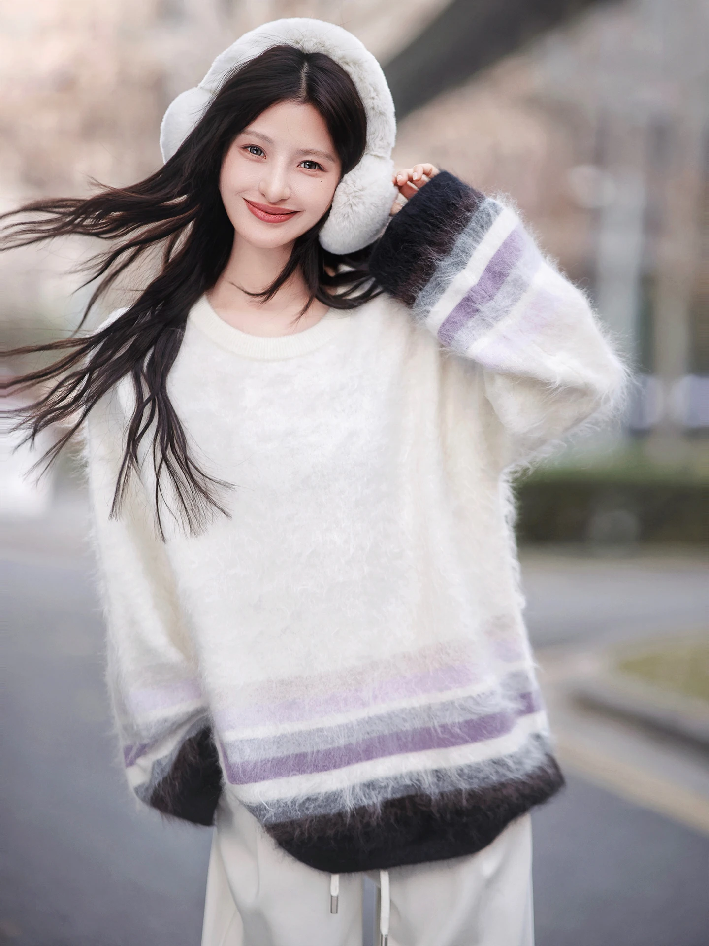 

ZhaodaXi 00% Camere Fce Sweater Color Blo Striped Pulling Proc Women's Loose Fit Commute Sle round Ne Long Sve