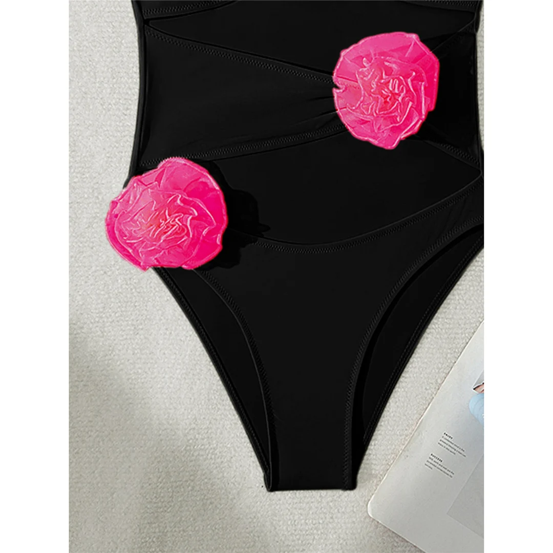 Neuer, verführerischer, einteiliger Badeanzug mit 3D-Blumenmuster, Halterneck, für Damen, mit hohem Beinausschnitt, gepolstert, Badebekleidung, Modell V8274. – Detail 10