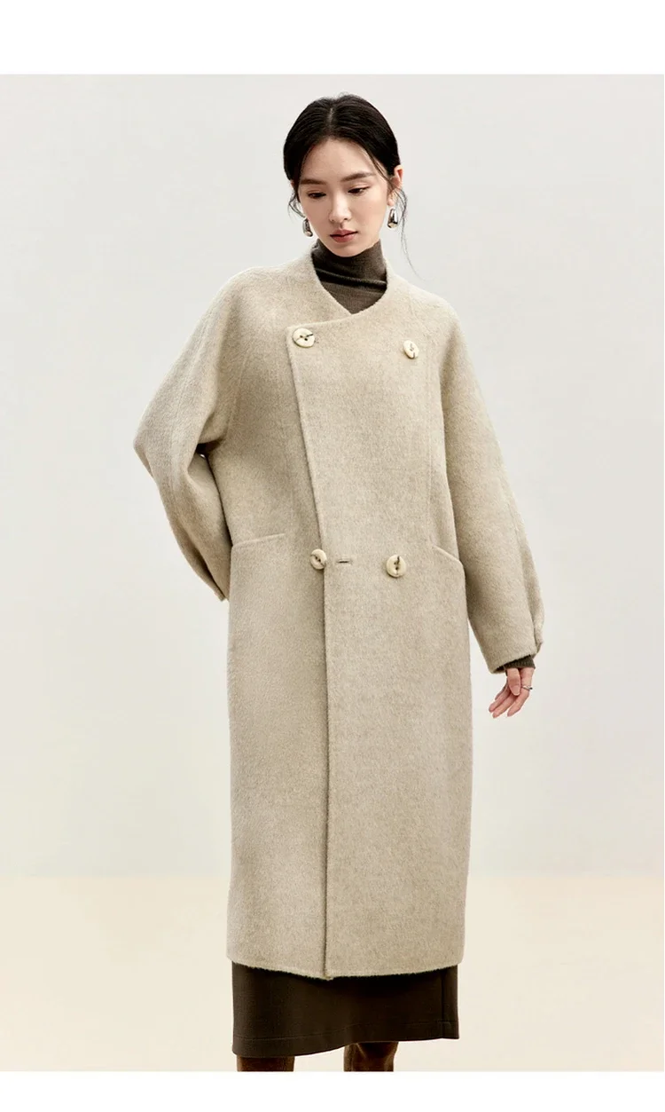 SENTUBILA High Quality 100% Wool Coat Women Winter 2024 Double Side O Neck Double Breasted Simple Straight Long Coat W44O56014