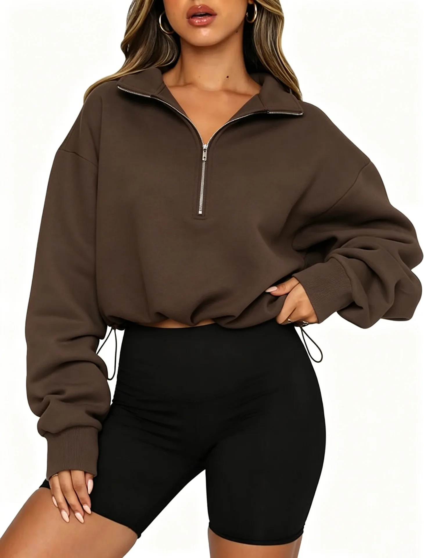 Women Half Zip Sweatshirt Cropped Pullover Oversized Long Sleeve Drawstring Hem Hoodie Y2K Athletic Sportswear
