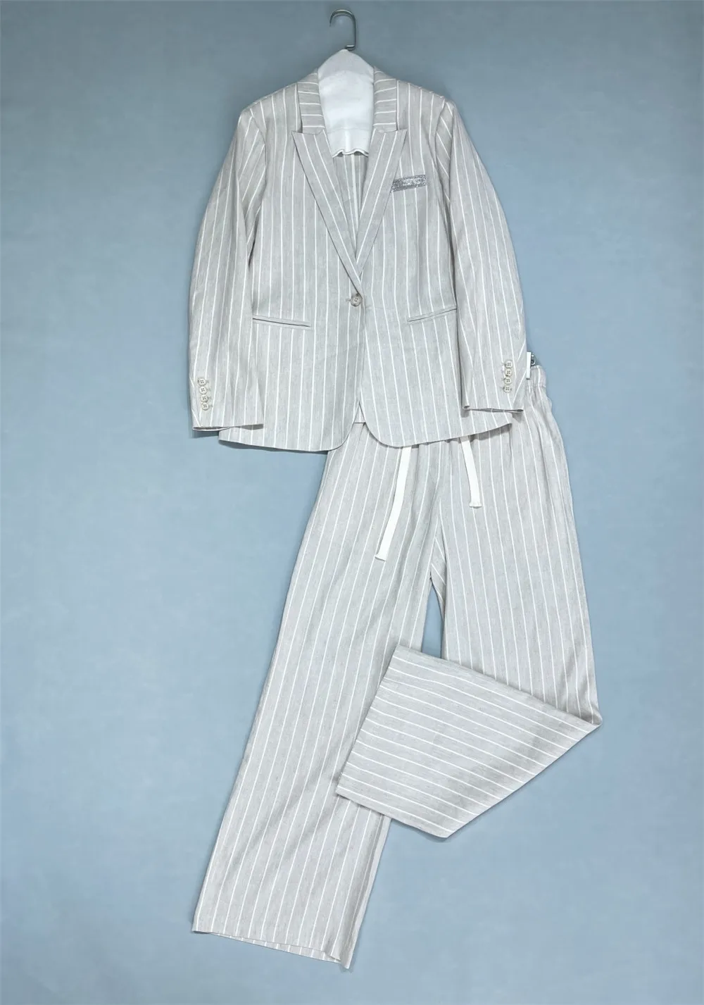 

2025 Spring Summer Women's Striped Linen Long-Sleeved Blazer Jacket + High Waist Wide Leg Pants 2-Piece Set