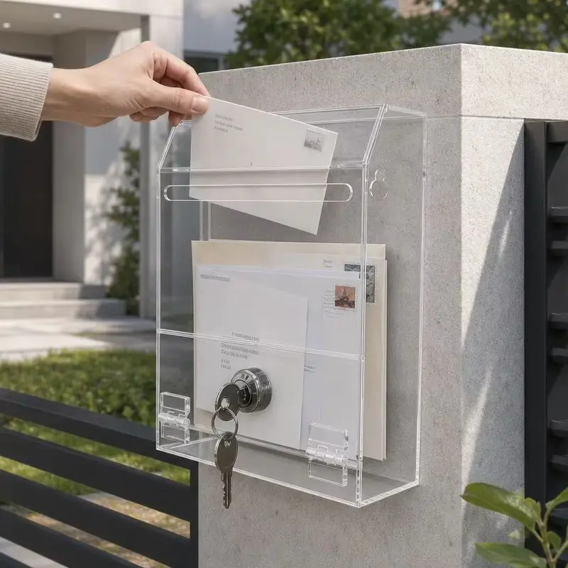 Wall Mounted Transparent Acrylic Rainproof Mailbox Lockable Lightweight Secure for Credit Card & Utility Bill Boxes