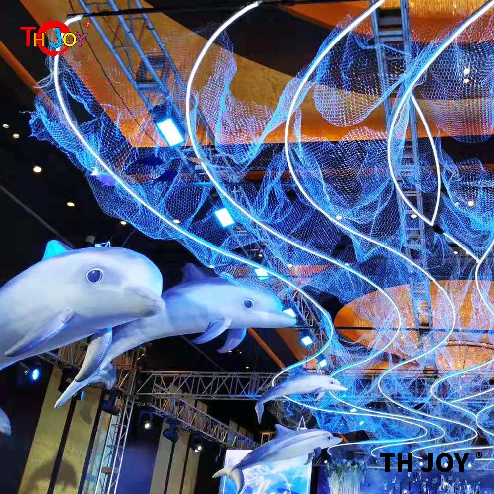 20ft Long Giant Blue Inflatable Dolphin With Led Light Big Hanging Up Dolphin Fish Inflatable For Decoration Toys