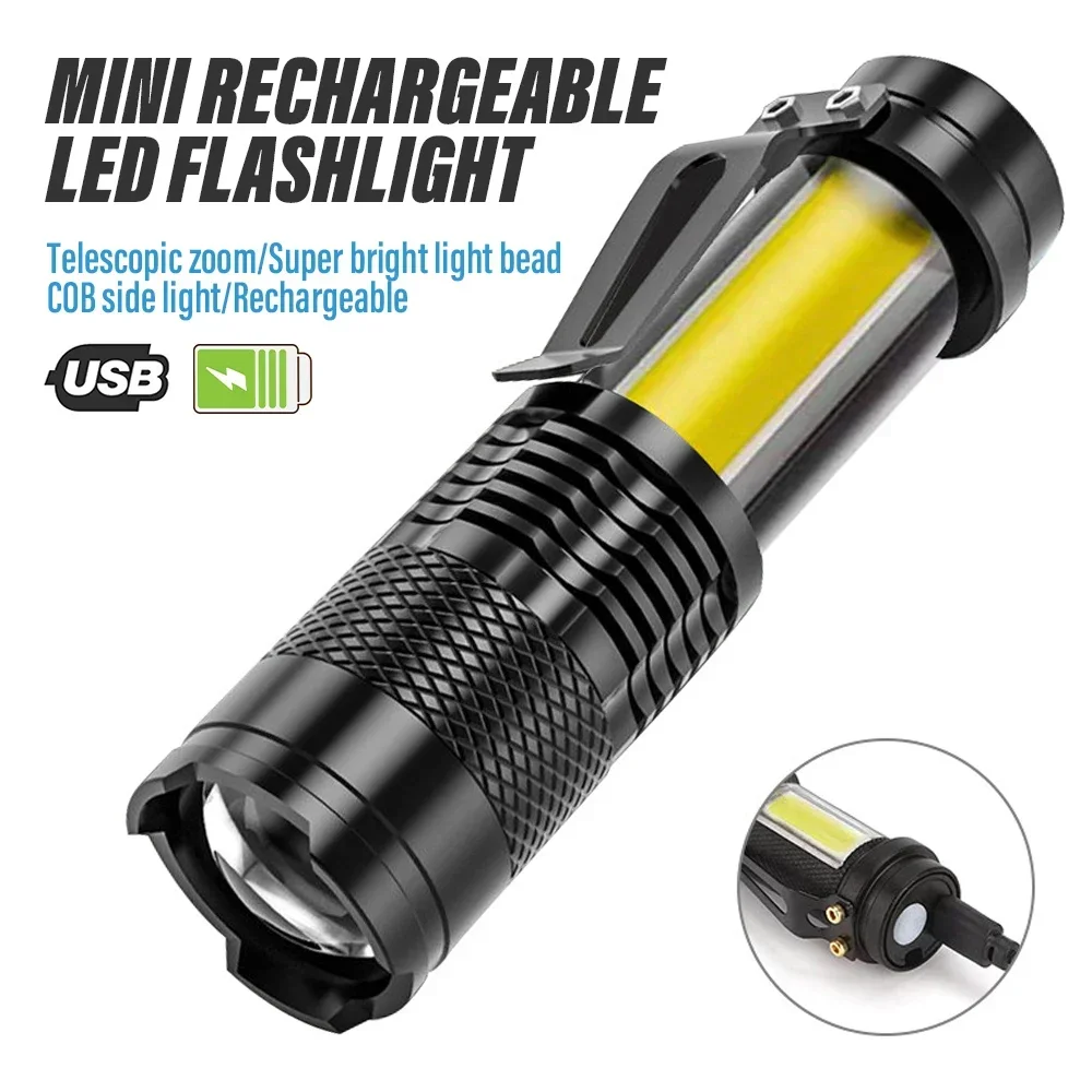 2000LM MINI Flashlights Built in Battery USB Charging LED Flash Light COB Zoomable Waterproof Tactical Torch Lamp Bulbs Lantern