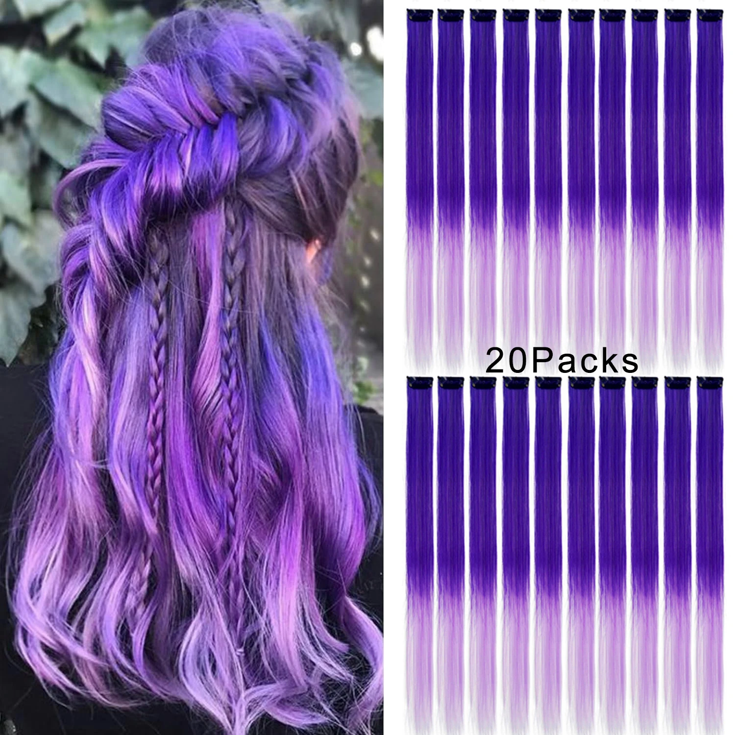 Ombre Colored Clip in Hair Extensions 22 Inch Synthetic Hairpieces for Kids 20 PCS Rainbow Multi-Colors Party Highlights Gifts