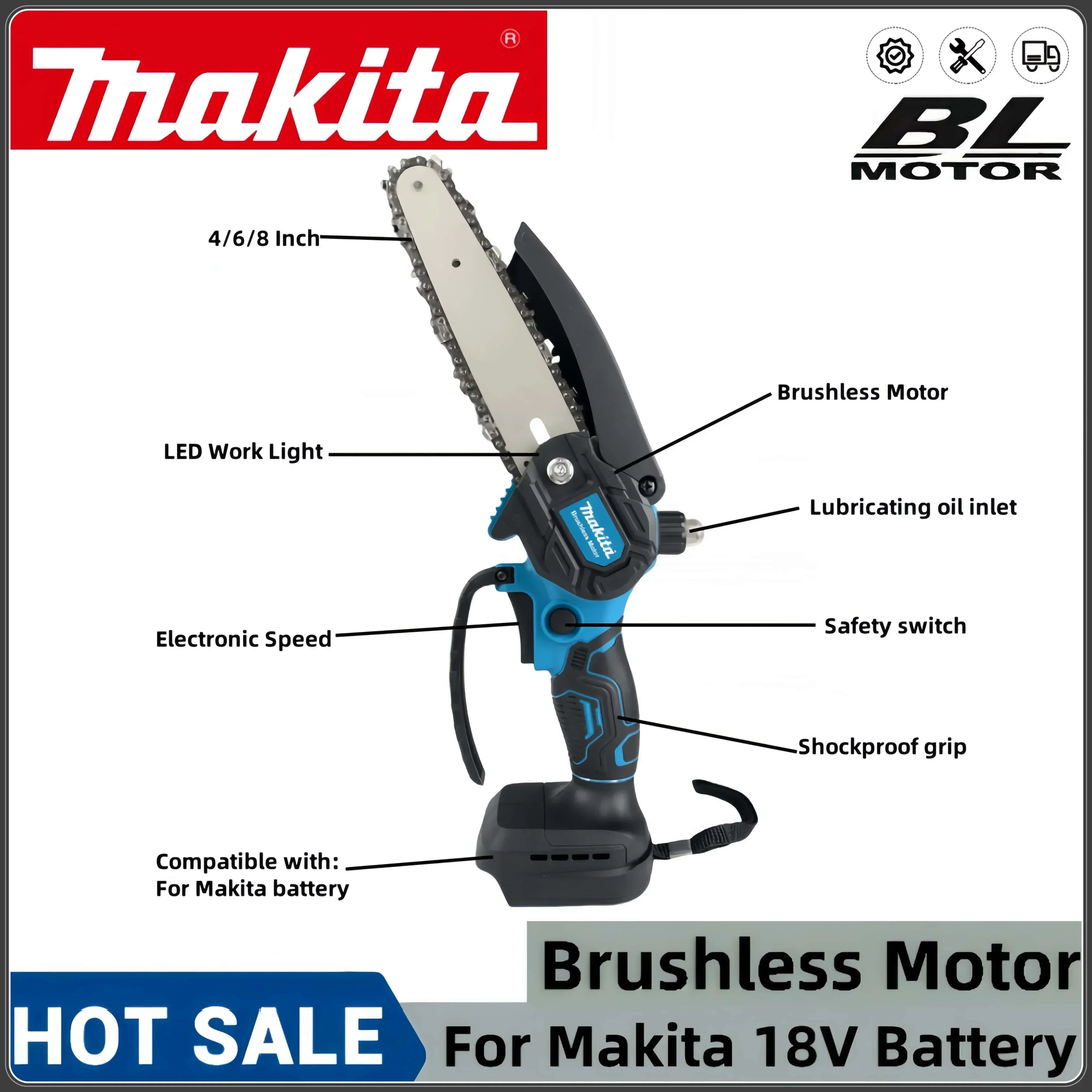 Makita New 6 Inch Brushless Chain Saw Cordless Mini Handheld Pruning Saw Woodworking Electric Saw Cutting Tool Makita 18VBattery