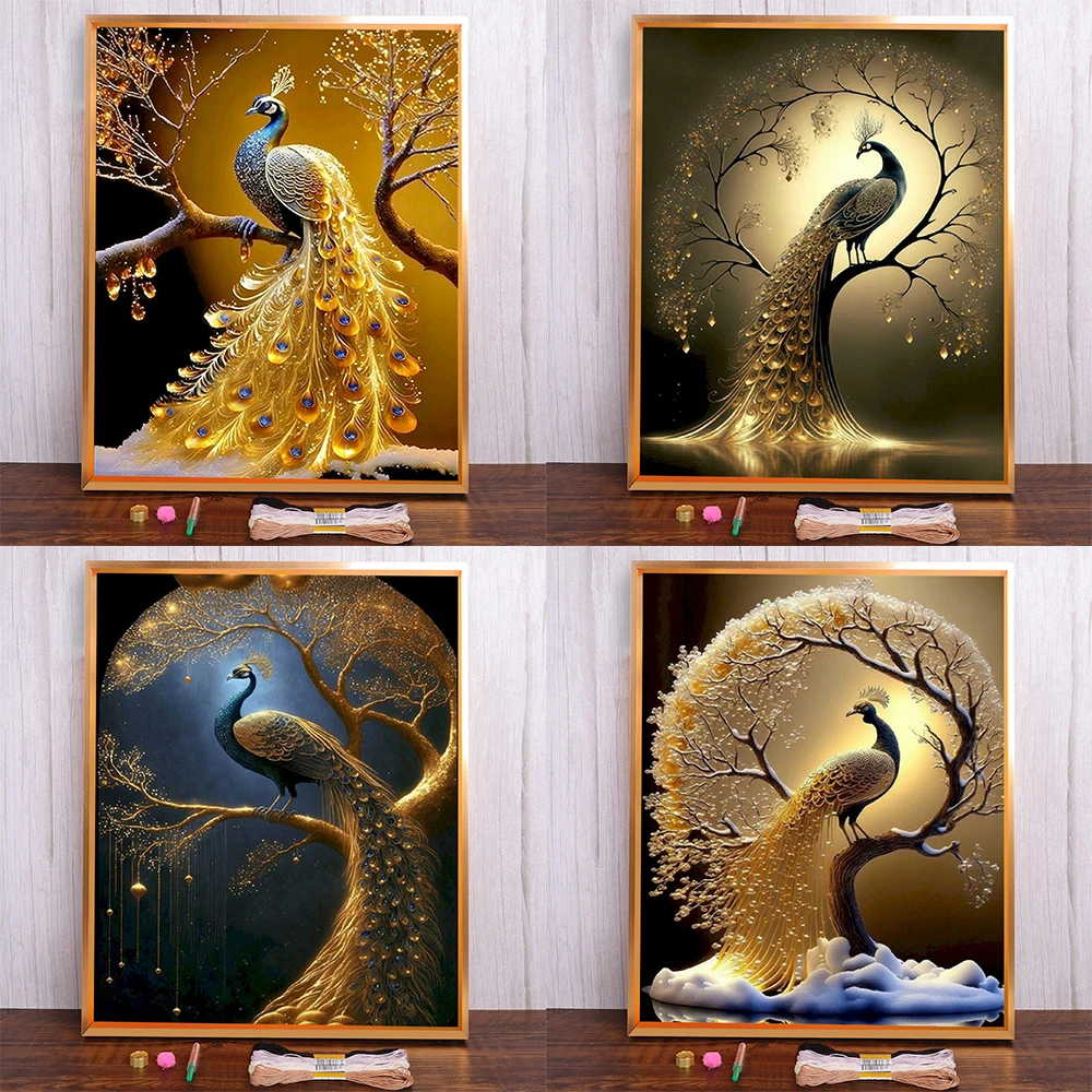 Elegant Golden Peacock Pre-Printed Cross Stitch Embroidery Set Handicraft Handmade Painting Handiwork Magic Different Jewelry