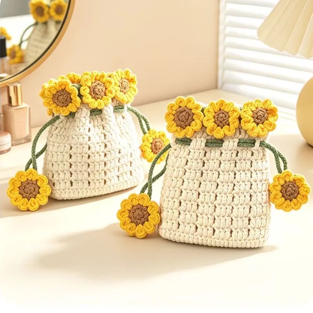 Cotton-Linen Hanging Organizer Pouch Handwoven Multi Closure Sunflower Shape Pouch Hanging Design Sunflower Shape