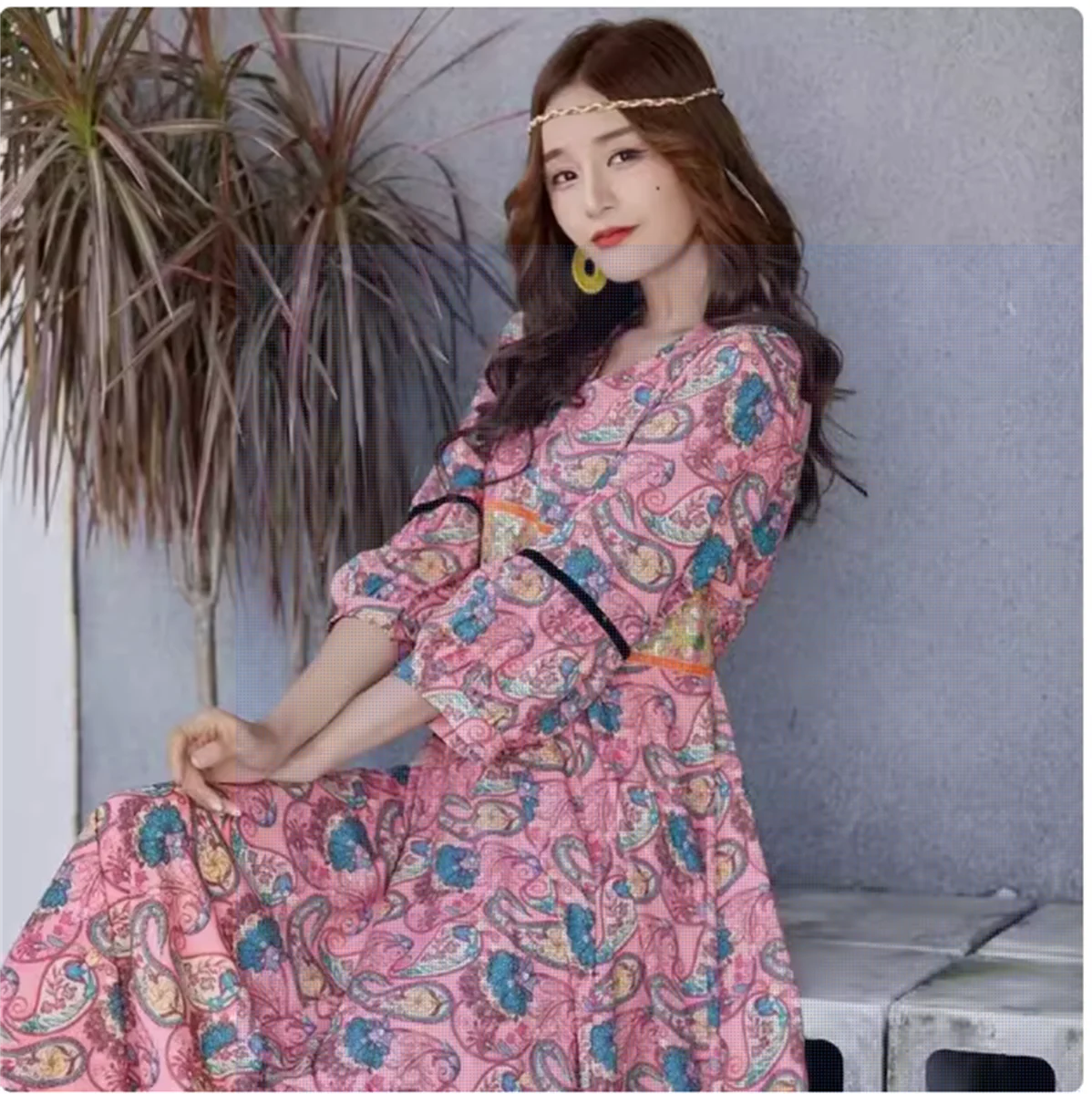 

Thailand Fashion Brand Holiday Swing Dress Bohemia V-neck Vintage Print Embroidery Loose Dress Beach Dress