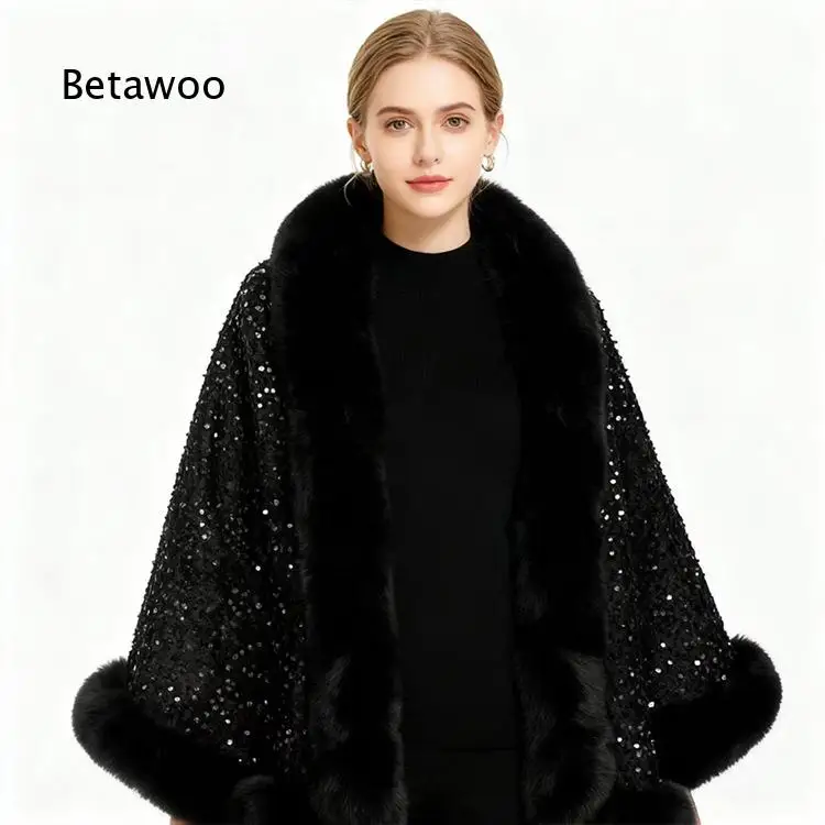 Women Short Poncho Cape With Fur Collar Sequins Decor Fleece Lined Thick Warm Shawl Outerwear Long Sleeve Design For Cold Weath