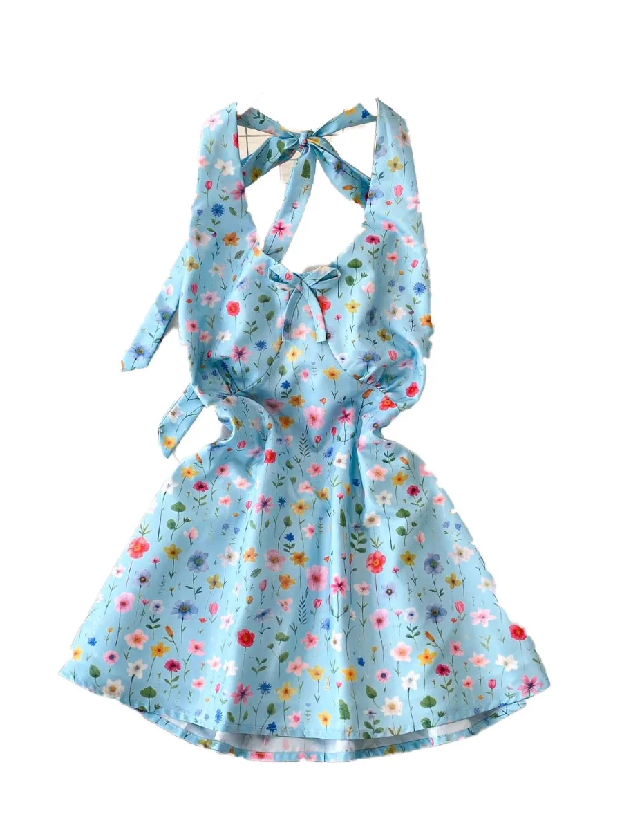 Foamlina vacances doux bleu fleuri col en V licou Camis Corp haut femmes été léger Mature Sexy dos nu cravate gilet Blouse