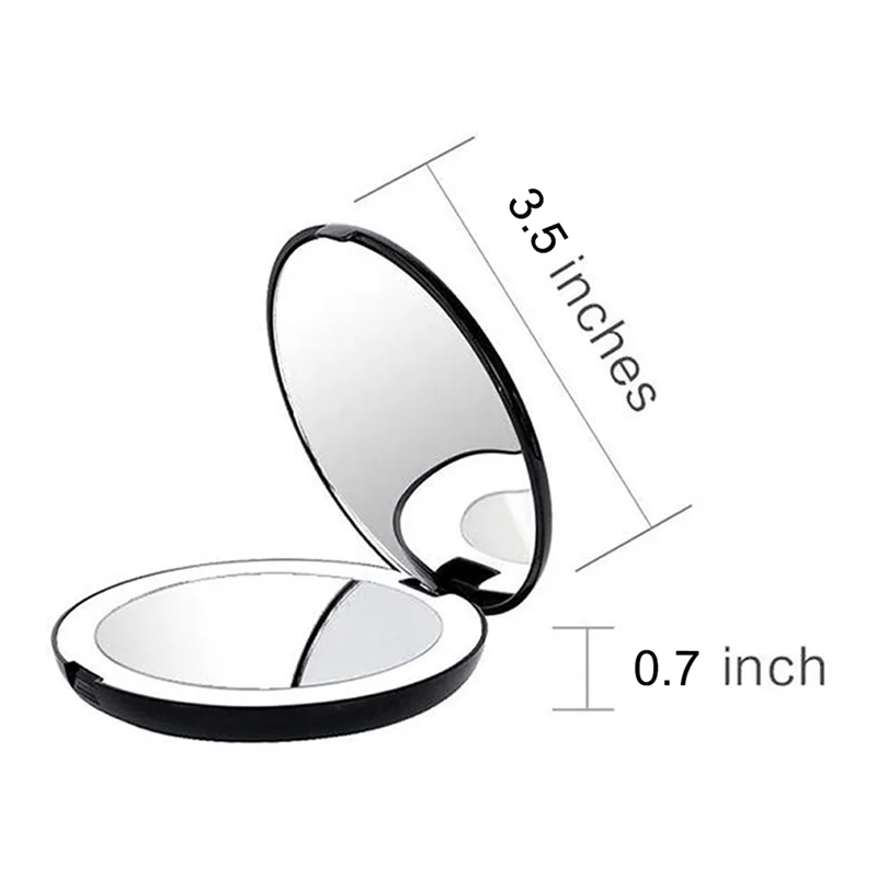 LED 조명이 있는 휴대용 접이식 거울, 메이크업 거울, 10X 확대경, 12 램프 비드, 미니 미러 블랙
