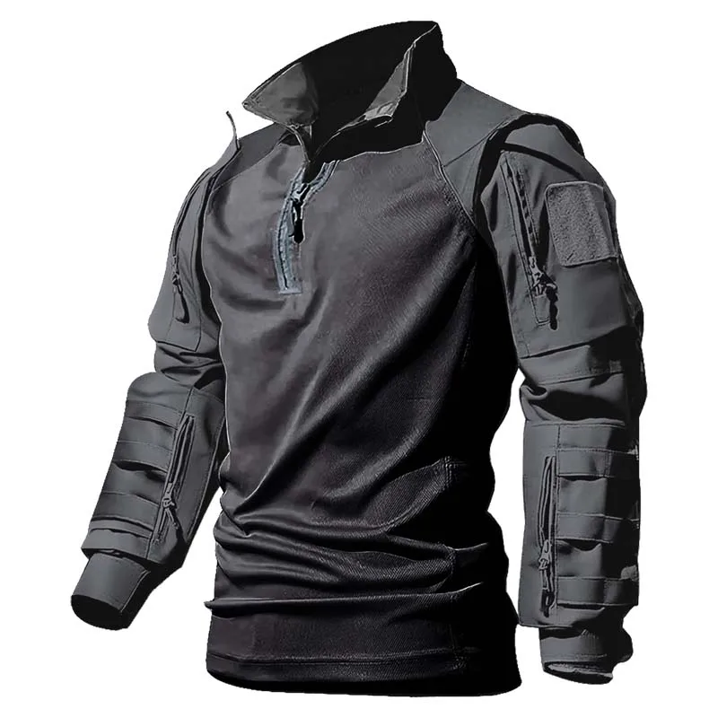 Men Outdoor Tactical Shirts Solid Training Long-Sleeve T-Shirt Tops Wear-Resistant Hunting Shirt Multi-Pocket Adventure Workwear