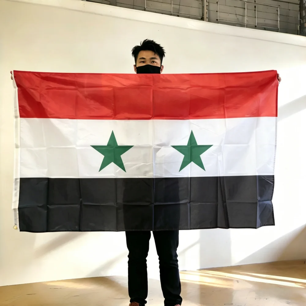 FlagGo Syria Two Stars Flag 150x90cm 3x5 FT Red White Black Two Green Stars Polyester Double Stitched Outdoor Indoor Decor