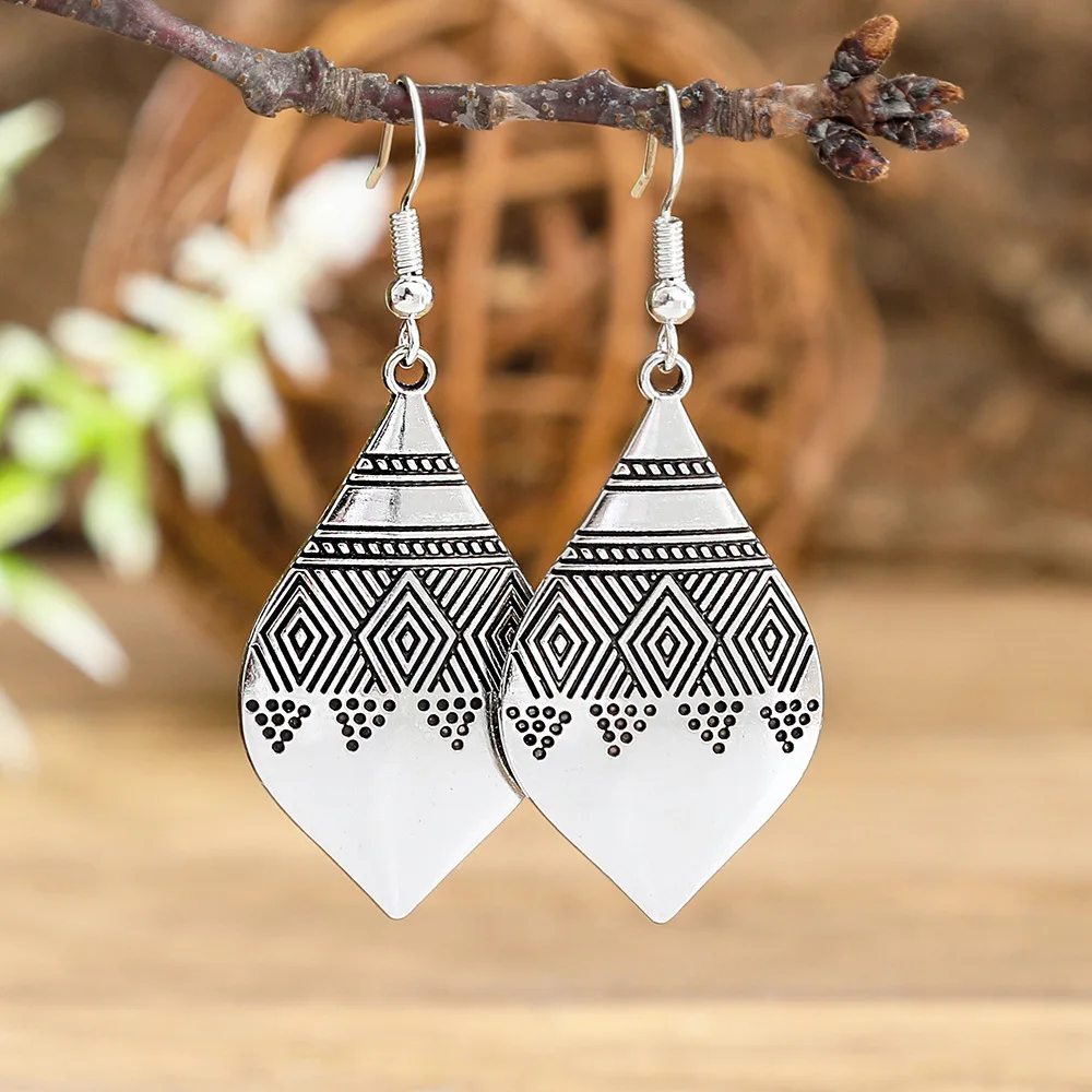 15 Style Ethnic Round Water Drop Earrings for Women Vintage Texture Silver Color Carved Hollow Dangle Earrings Female Jewelry - Detail 1