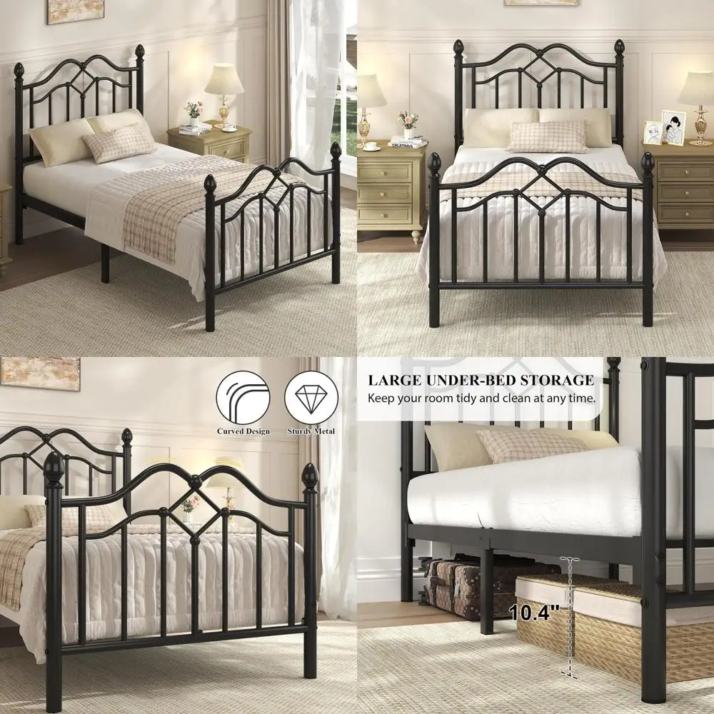 

Современный металлический каркас двуспальной кровати с изголовьем и изножьем, детская кровать-платформа, опоры 800 фунтов, без коробчатой пружины, простая сборка, черный