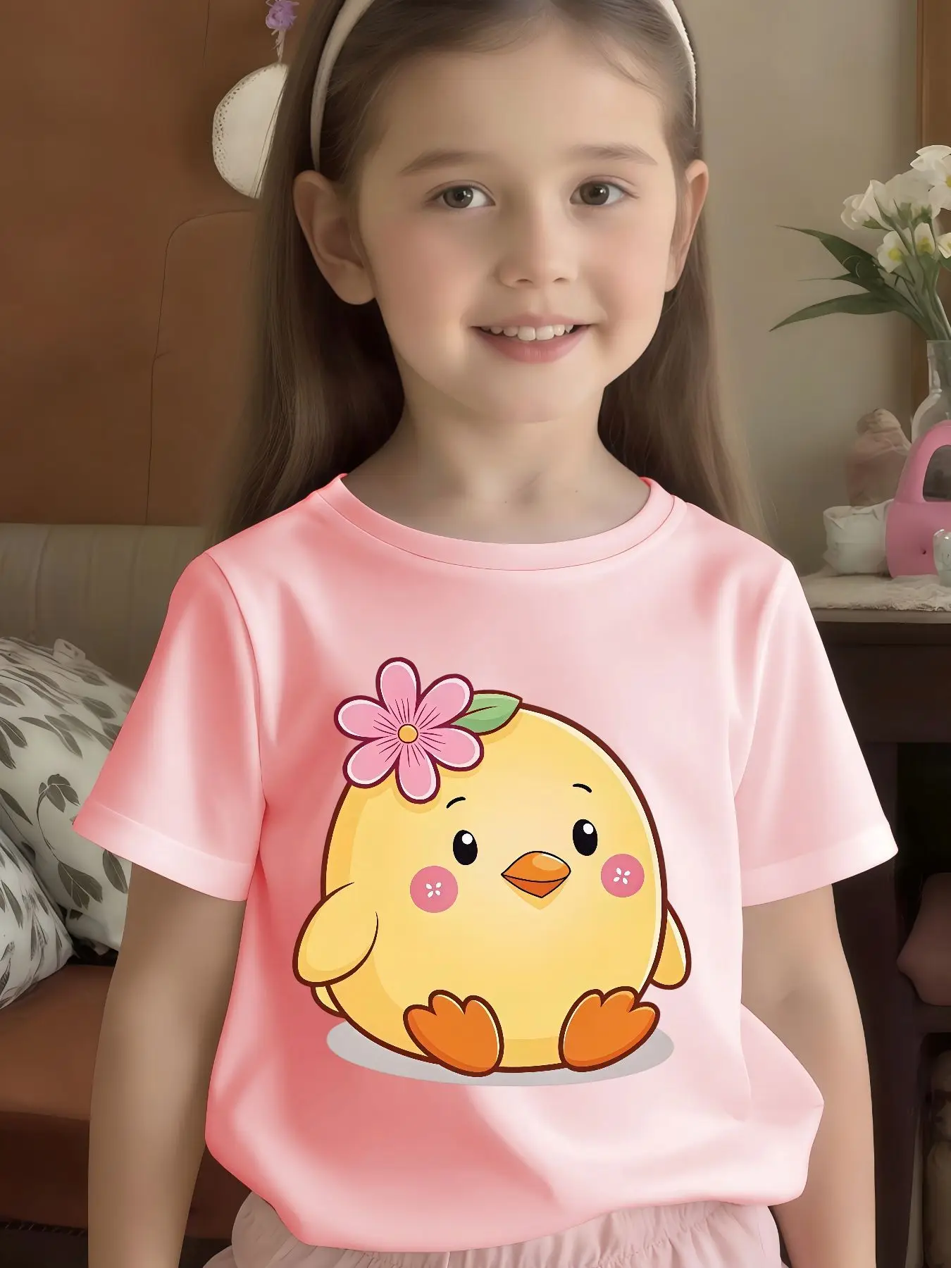 Cute Flower Little Chick Cartoon Print Kid T Shirt Boys Girls Family Match Cotton Short Sleeve Summer Children Casual Basic Wear