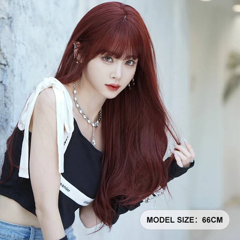 7JHH WIGS Long Body Wavy Wine Red Wig for Women Four Seasons High Density Synthetic Fashion Layered Wigs with Bangs Costume Wigs