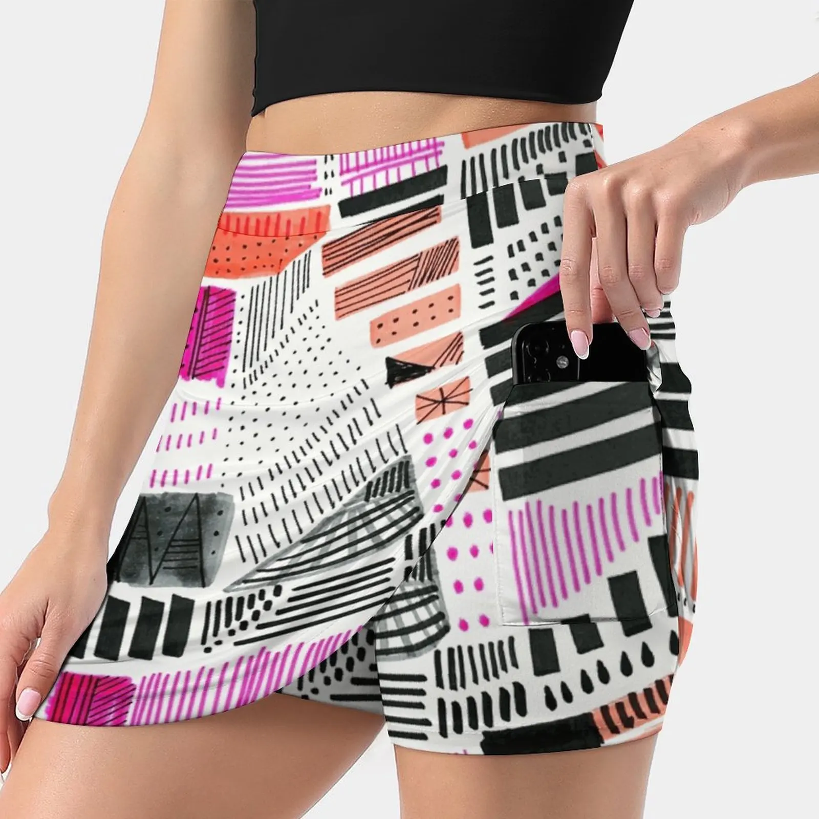 Freestyle New Women Skirts Double-Layer Printed Short Dress Mini Sport Skirt Happy Free Geometric Artsy Artist Colorful Pink