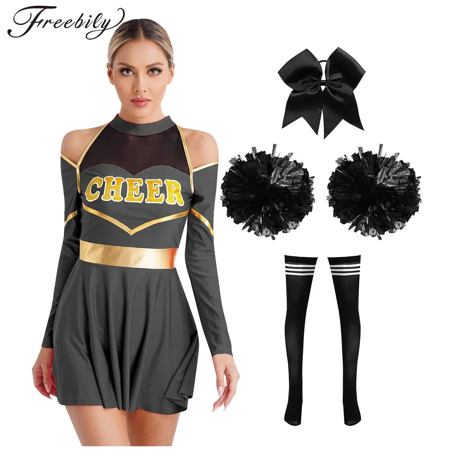 

Women Cheerleading Dance Outfit Long Sleeve Dress with Stockings Hair Band Flower Balls Sports Meet Schoolgirl Cosplay Costume