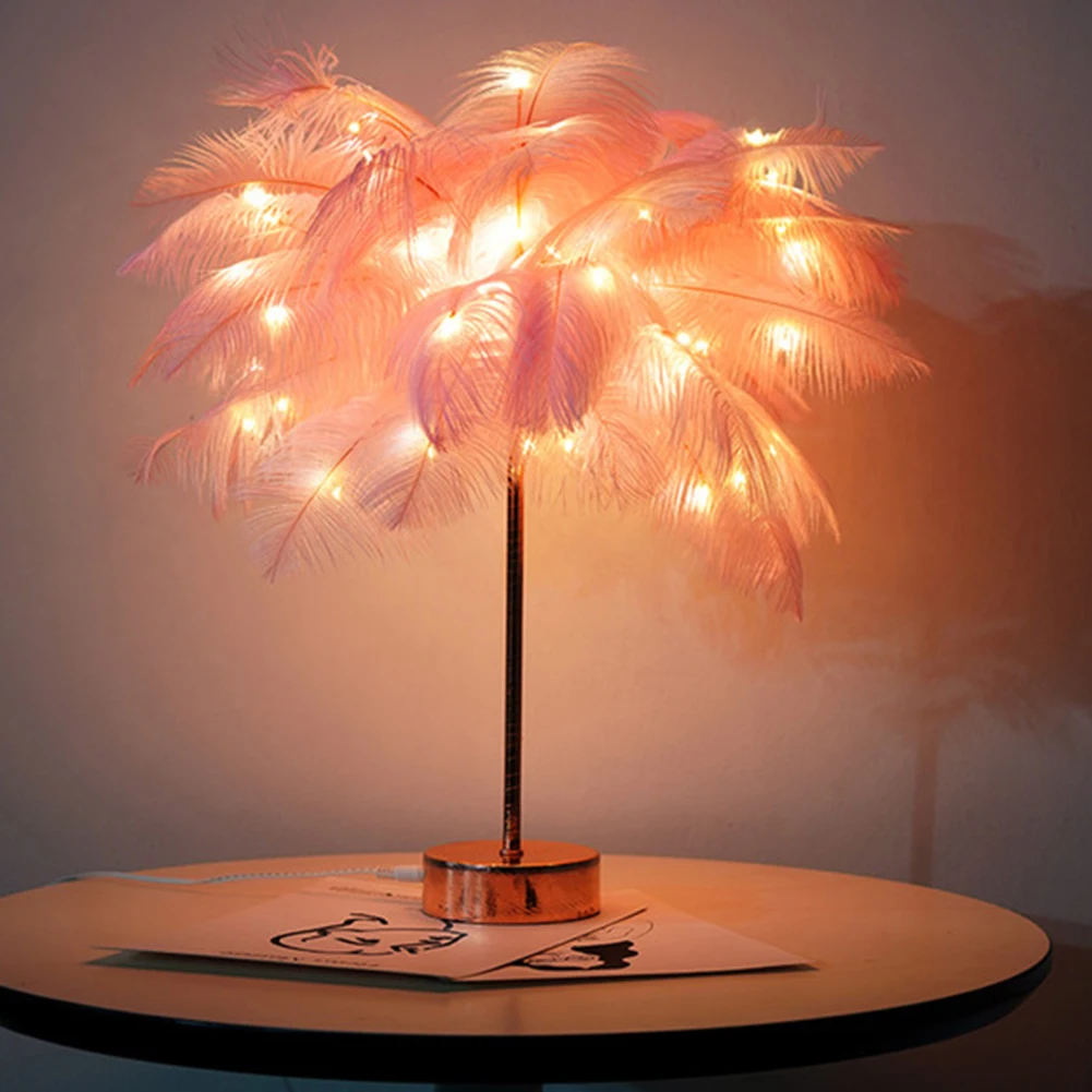 

Feather Table Lamp Modern USB Powered LED Bedside Table Lamp Night Light With Remote Control For Bedroom Living Room Party Decor