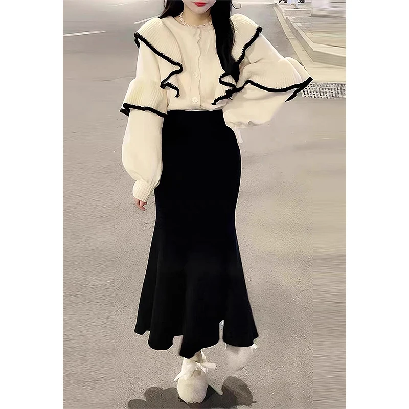 Winter Knitted Design Sense Sheath A Word Fishtail Skirt Women's Plus size Fat Girl High Waist Black with Sweater Skirt