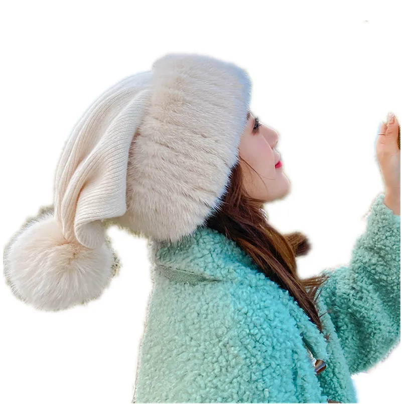 

Real Mink Fur Trimmed Hat Women's Winter Knitted Wool Patchwork Natural Fox Fur Pompom Beanies Ladies Cap