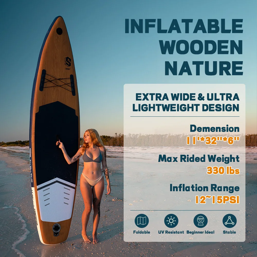 Stand Up Paddleboard Inflatable Paddle Boards Wide Stable with Premium SUP Paddle Board Accessories Non-Slip Deck Wood Pattern