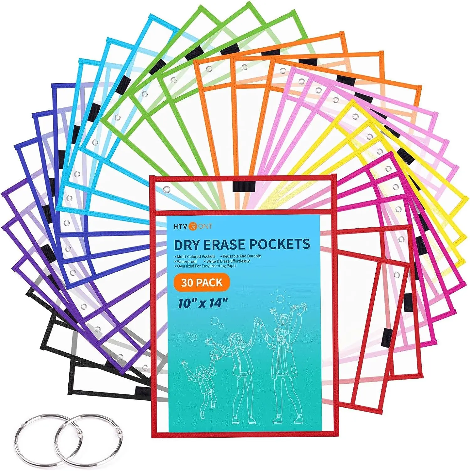 HTVRONT Dry Erase Pocket Sleeves - 30 Packs 10x14 Oversized Dry Erase Pockets Reusable Sleeves with Rings, Clear Plastic Sheet